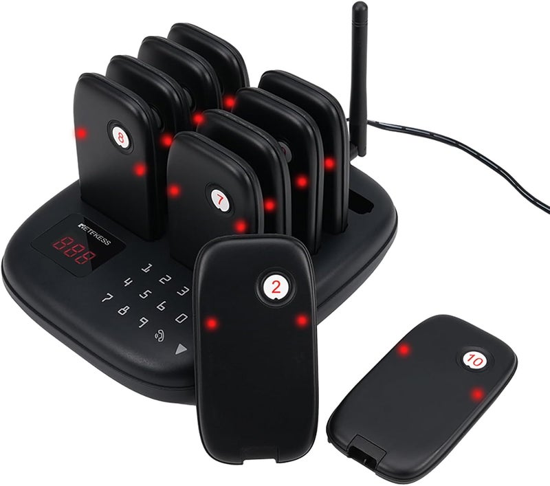 Retekess نظام جرس المطعم TD175S، مدى طويل 3280 قدم، 10 جرسات وصفارات، 7 أوضاع اتصال مع اهتزاز، ووميض وصفارة، 4 أوضاع لوحة مفاتيح لساحة الطعام، شاحنة الطعام، حضانة الكنيسة - Image 1